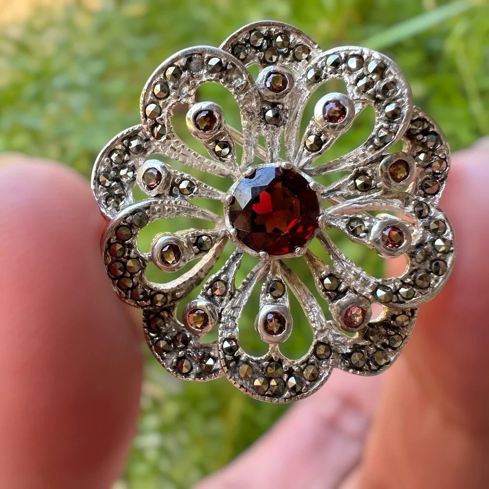 VTG Convertible Brooch Pendant 1.3 Inch Red Garnets Marcasite 925 Sterling 9.3g